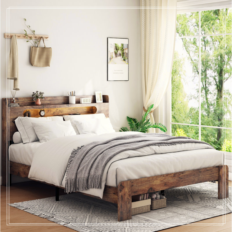 17 Stories King Bed Frame Wood Platform Bed Frame With Storage LED Light Headboard And 2 USB Wayfair